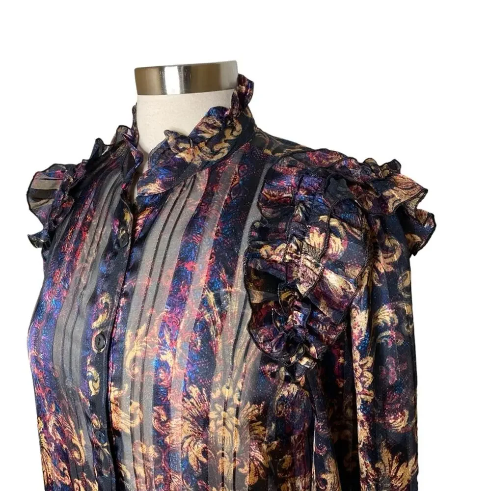 Jeff Gallano Printed Button Front Long Sleeve Sheer Blouse Women's UK 1‎ US 6 8